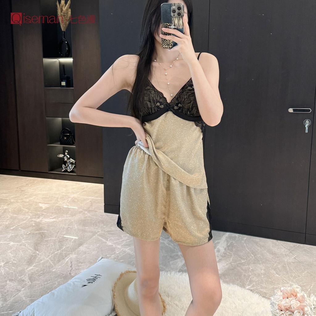 Maillard lace satin pajamas women's summer with chest pads, suspenders, shorts, loungewear set, sexy thin pajamas