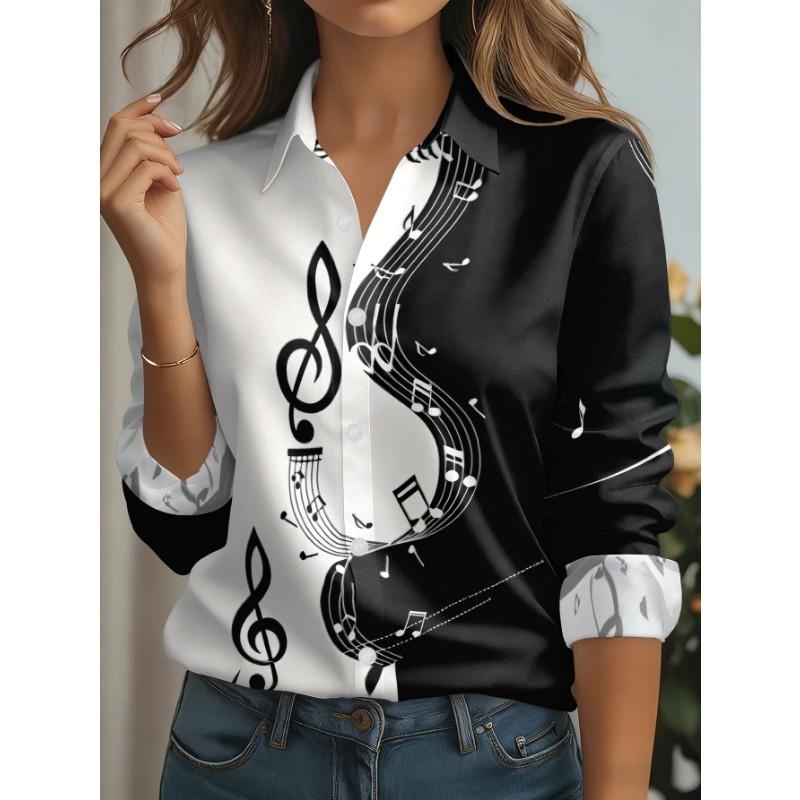 Women's Long-Sleeve Shirt with a Printed Pattern of Intertwined Music Notes and Treble Clefs On a Black and White Background