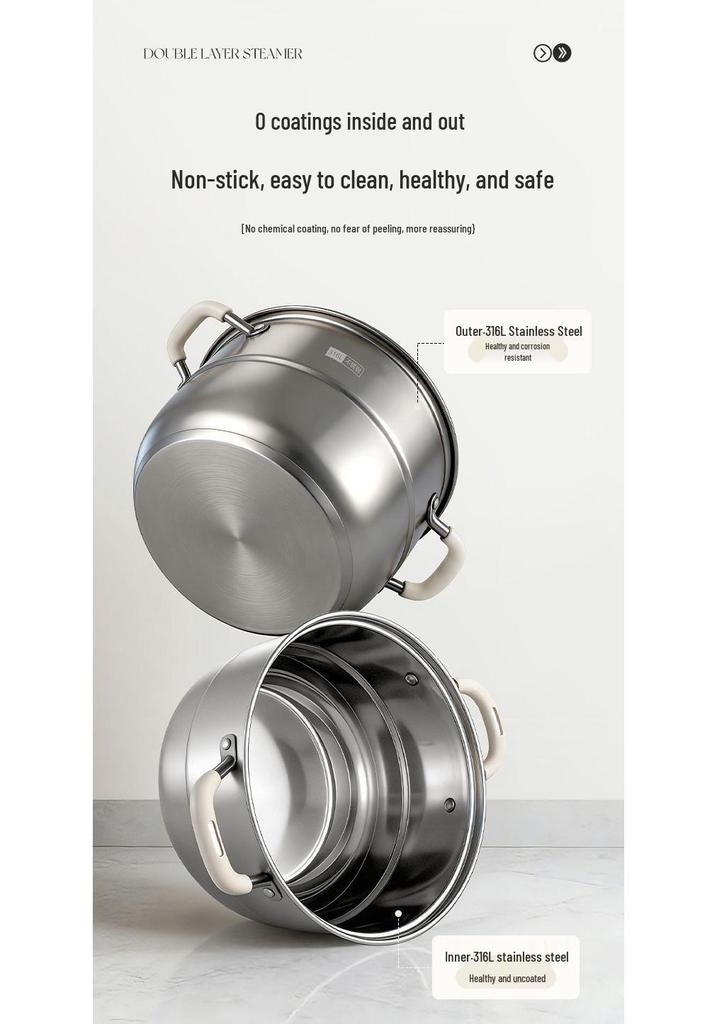 316L Stainless Steel Multi-Layer Steamer Pot for Steaming, Cooking, and Stewing – Induction and Gas Compatible.