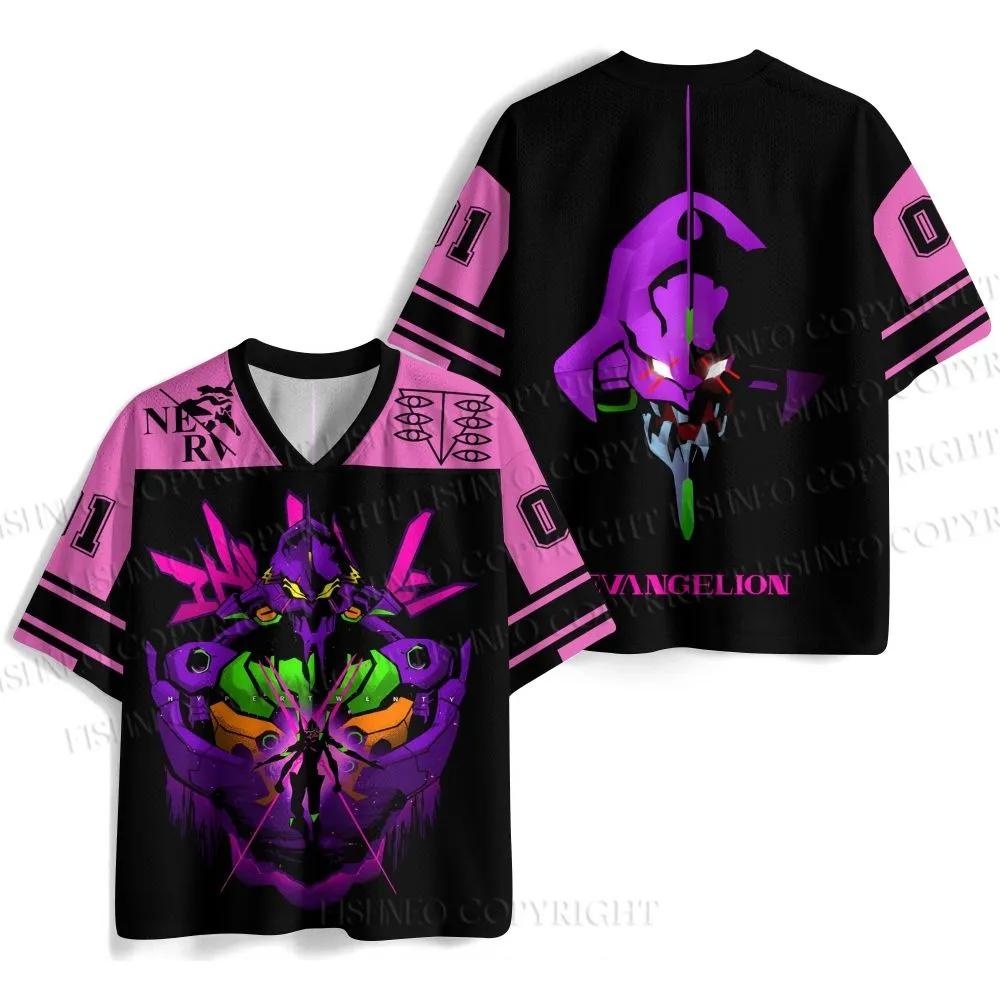 New Anime Neon Genesis Evangelion Rei Ayanami Print Mesh Jersey T-shirt Men Oversized Streetwear V-Neck Casual Short Sleeve Tops