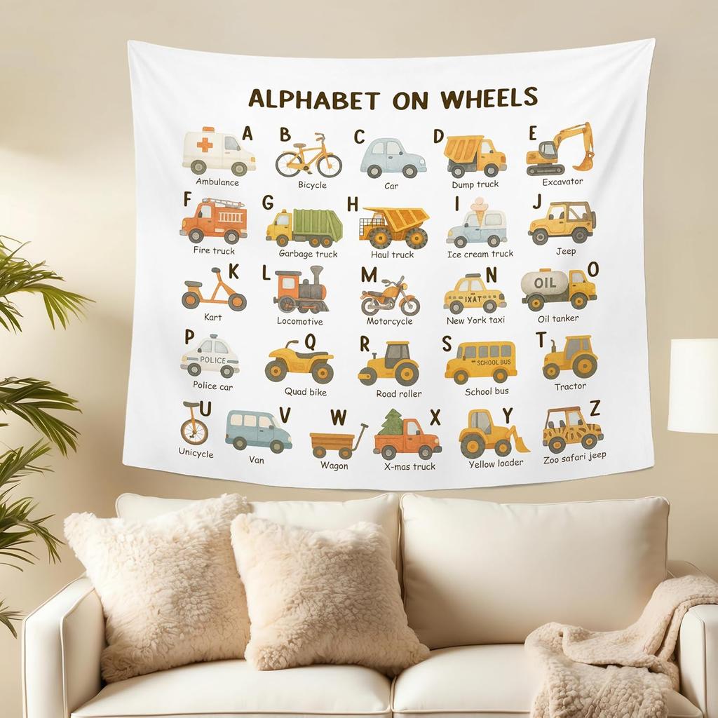Classroom Car Alphabet Wall Tapestry Hanging For Boys Room, Nursery Traffic Transportation Tapestries, Rustic Cute Abc Truck
