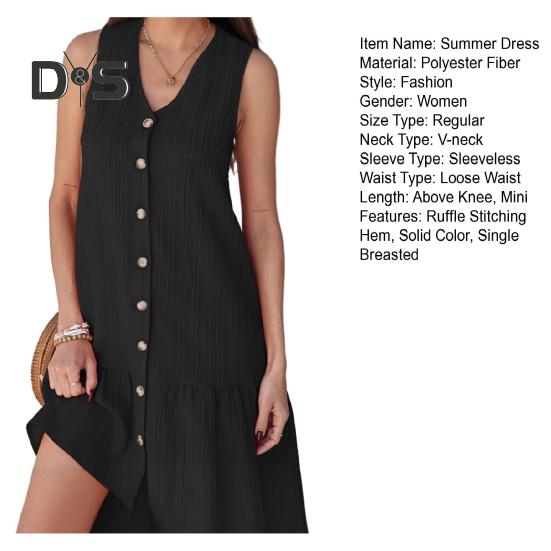 Summer Dress V-Neck Sleeveless Single-Breasted Solid Color Mini Dress Solid Color Loose Fit Women Dress