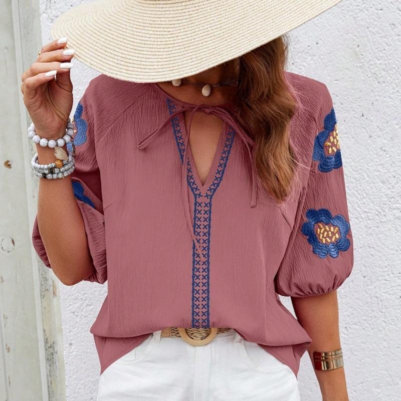 Summer New Vintage Loose Puff Sleeve Elegant Shirts for Women Fashion Embroidery V-neck Solid Casual Women's Blouses Slim Fit Lace-up Lady Tops 26650