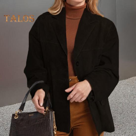 Damenjacke Vintage OL Pendlerstil Umlegekragen Einreihig Einfarbig Locker Mittellanger Mantel Herbst Winter Lässige Oberbekleidung