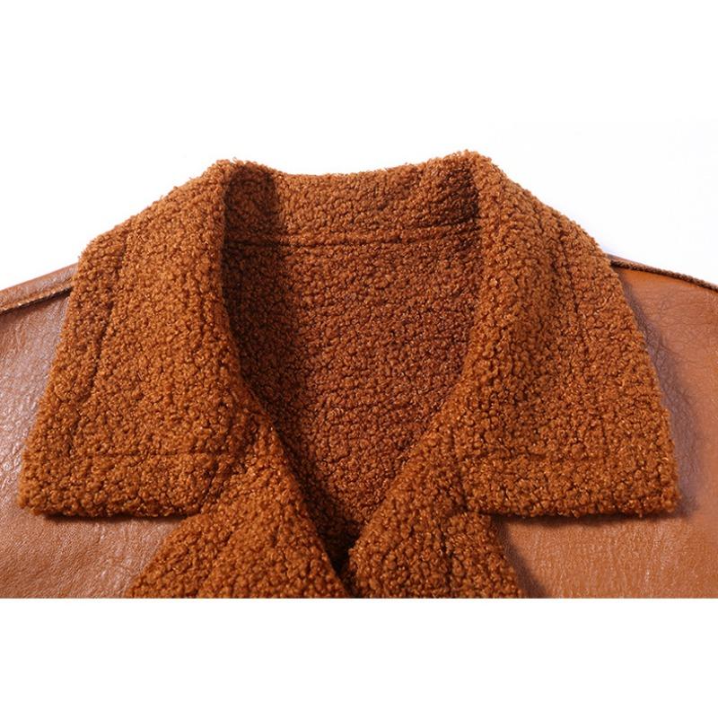 Winter mittellange samtverdickte Anzugkragen Reversible lose PU-Lederjacke für Damen