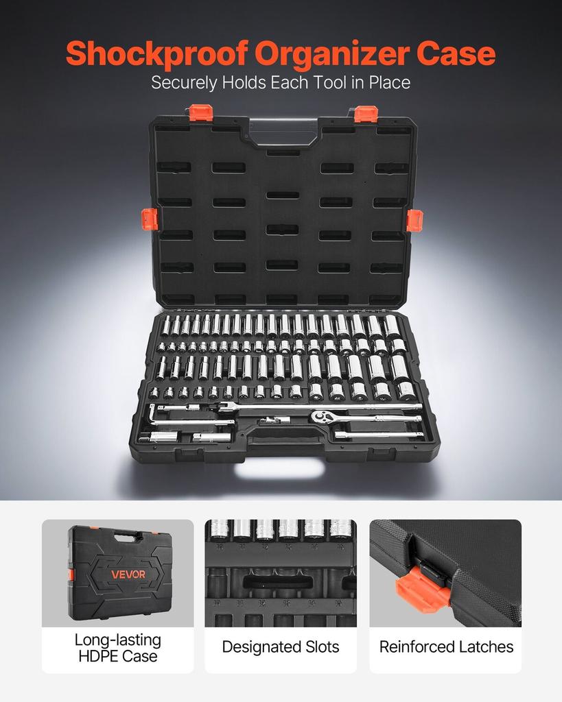 Socket Set, 76 Pieces, 9.5 Mm Drive Socket and Ratchet Set, SAE and Metric, Deep and Shallow, Mechanic Tool Kit with Accessories and Storage Case,
