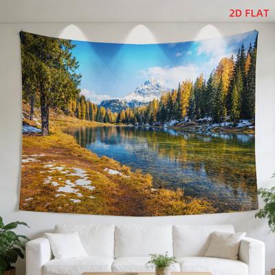 Mountain Lake Tapestry with Pine Trees, Snow and Autumn Foliage 150x100cm Wall Decor Aesthetic Room Decor