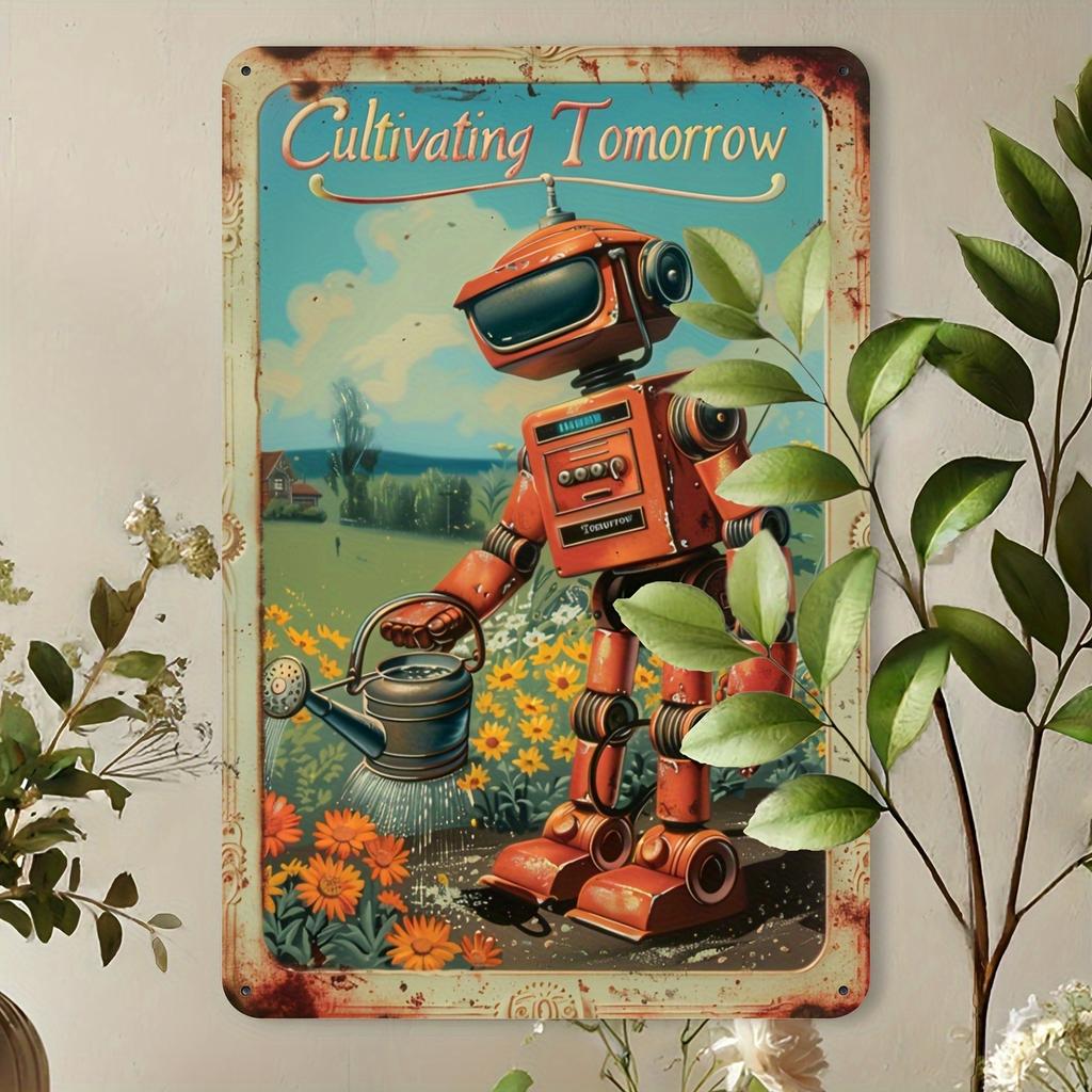 [2D Flat] Cultivate Tomorrow Vintage Metal Tin Sign, Fun Robots and Flowers Wall Art Decor, Gym Bar Cafe Garage Tin Painting, Re