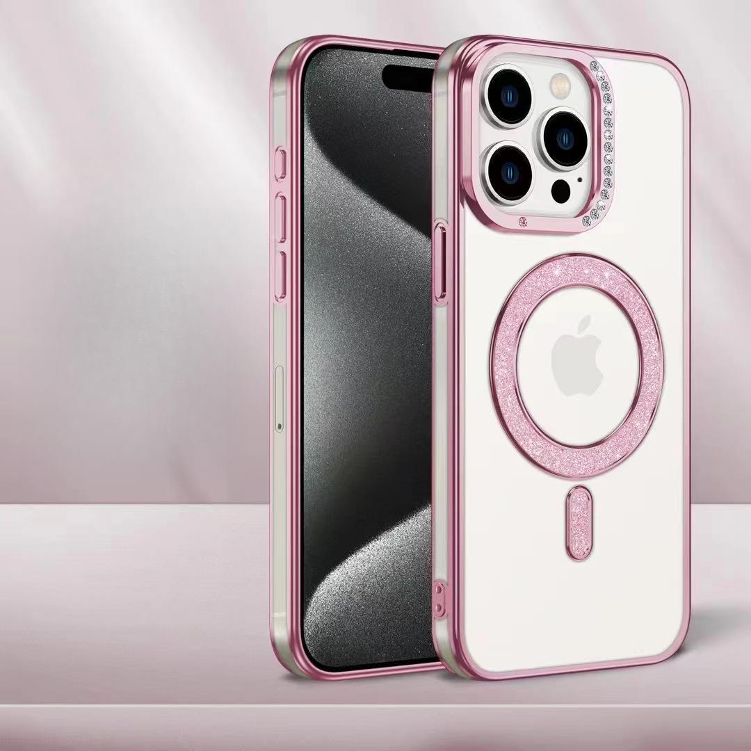 

Блестящий магнитный чехол-накладка для iPhone 16, алмазный чехол для мобильного телефона Apple 15pro, прозрачный чехол со стразами I14 с защитой от падений iPhone11proMax розовый