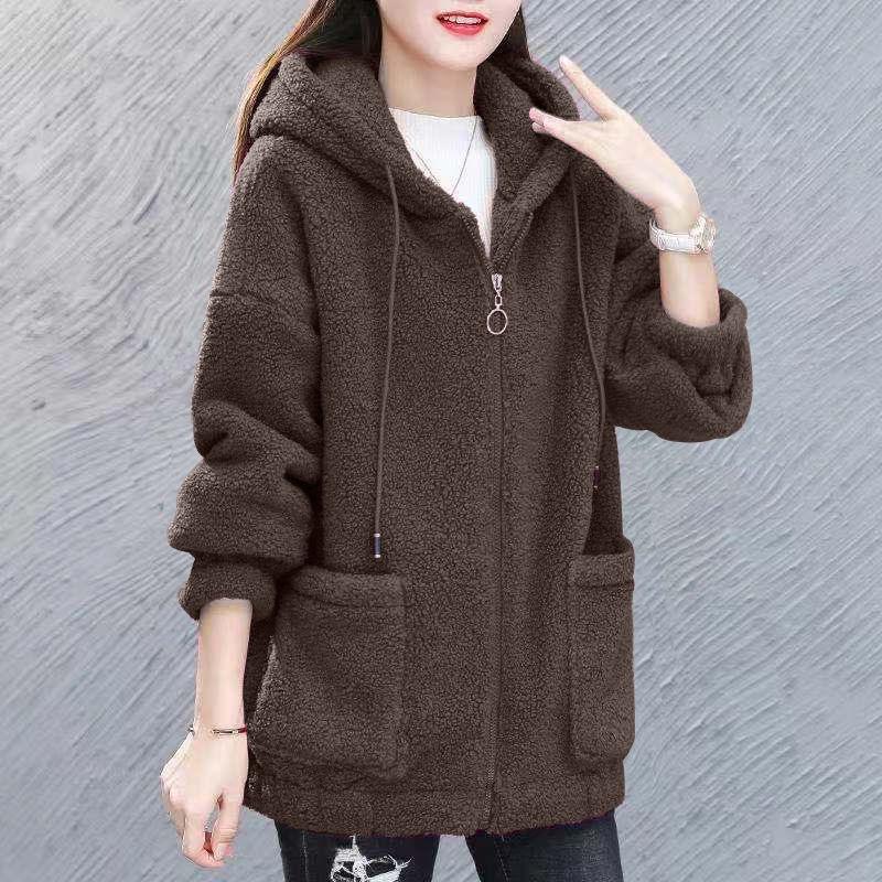 Cardigan Top cu Fermoar Larg Uni de Iarnă Versatil Casual Simplu Lână de Miel Haine de Exterior Palton Femei