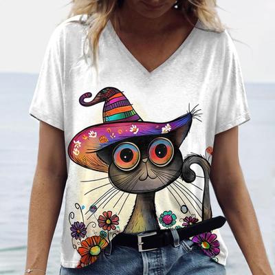 2024 Fashions Woman Clothing Funny Animals Printed Women's T Shirt V-Neck Cat Short Sleeve Tops Summer Oversize Streetwear New