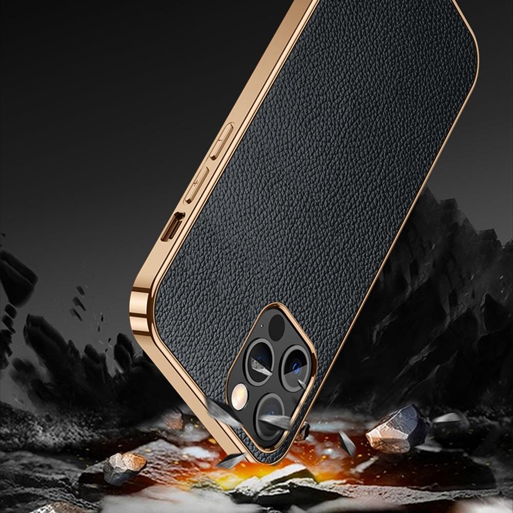 

SULADA for iPhone 14 Pro 6.1 inch Electroplating Litchi Texture Anti-wear PU Leather Coated PC+TPU Anti-shock Phone Case Black