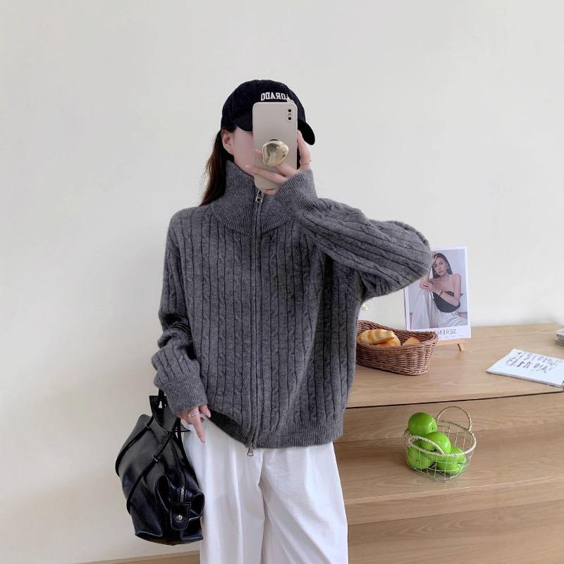 Retro twist autumn and winter stand-up neck zipper sweater jacket high-end soft waxy loose versatile knitted cardigan women