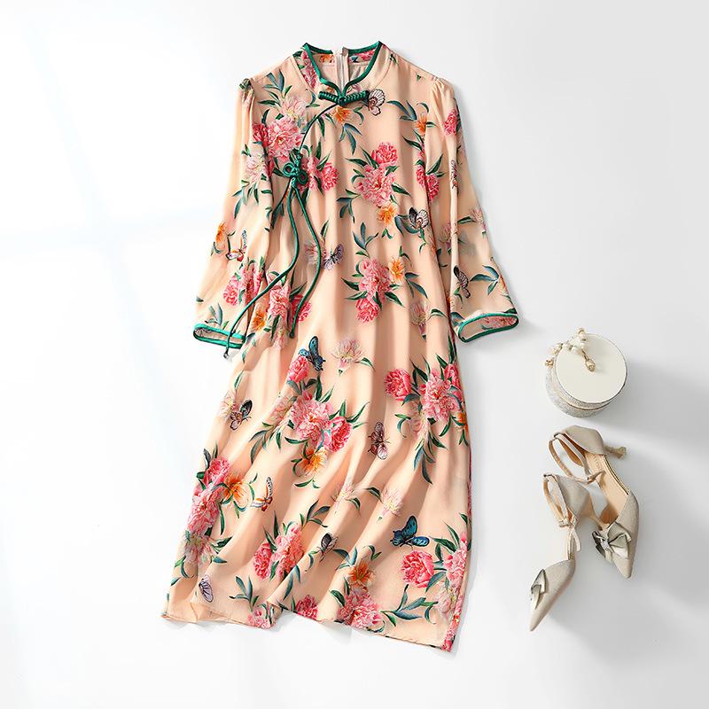 2025 Spring/Summer Retro Chinese Style 3D Print Women s Dress, Three-Quarter Sleeve Model 90141 S