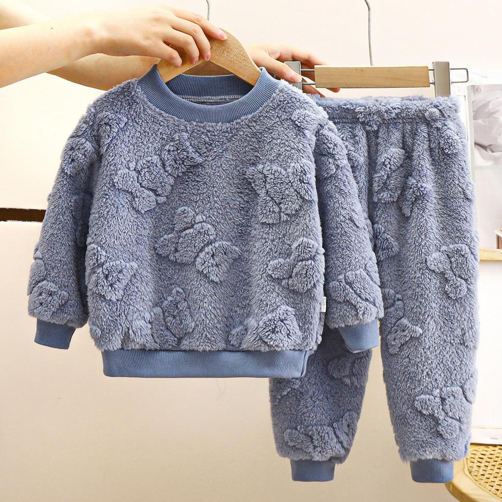 Kinder Einfarbig Verdickter Flanell Warm Hausanzug Und Pyjama Set Für Jungen Und Mädchen