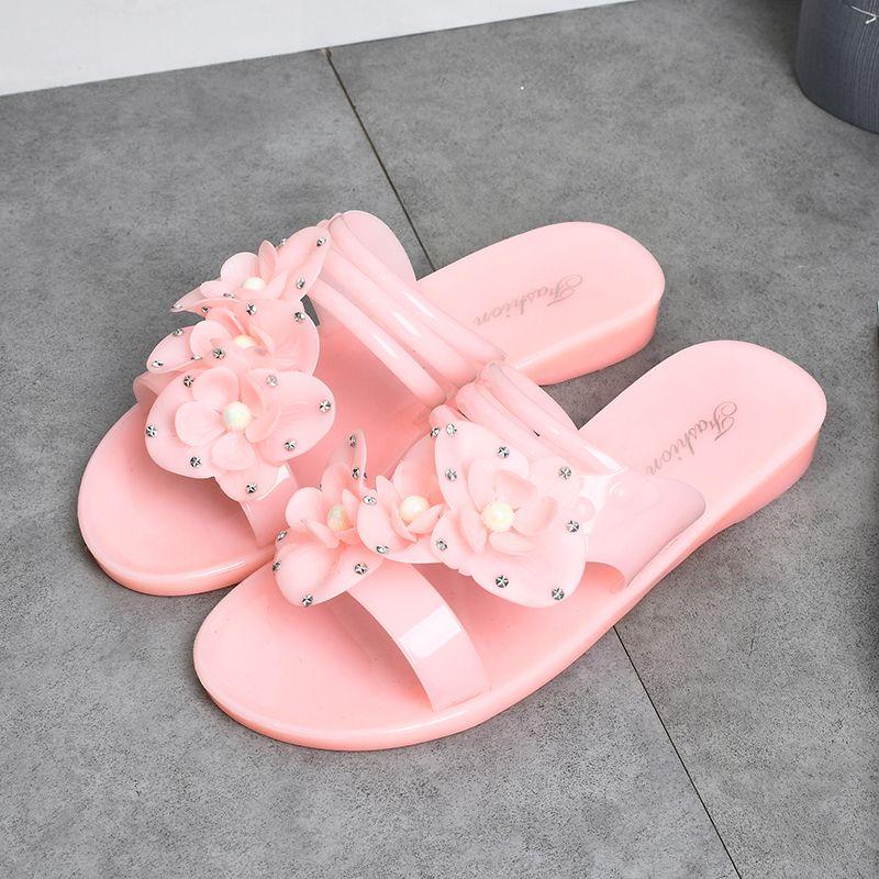 

Женские сандалии модные желе кристалл однорядные тянущиеся пляжные женские туфли цветок 40 розовый