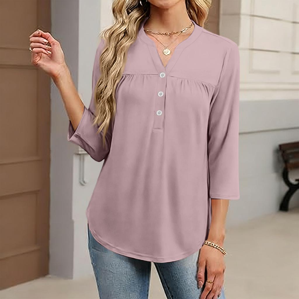 Women's Fashionable Casual Color V-Neck Decorative Button Three-Quarter Sleeve T-Shirt Top