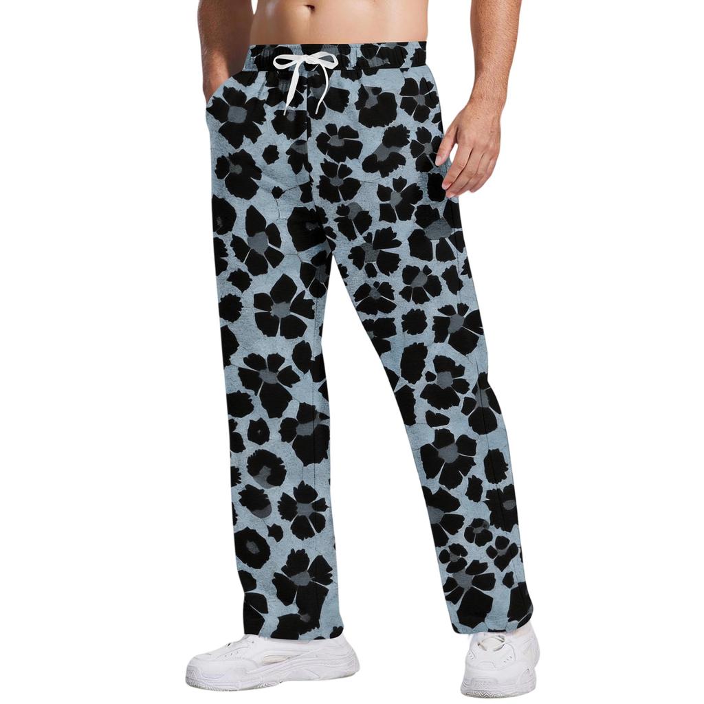 Men's Loose Fit Casual Leopard Print Pants Drawstring Waist Breathable Athletic Long Trousers for Daily Wear and Sports