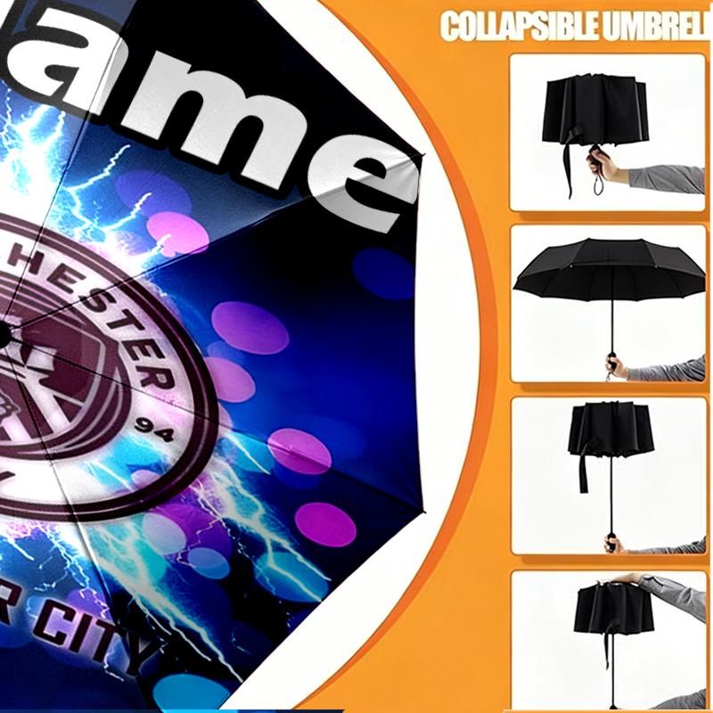 Custom Name Personalized Manchester City FC Print Umbrella, Auto Open Close, 8‑Rib Sturdy Frame, Commute Camping Hiking Use, Birthday Gift