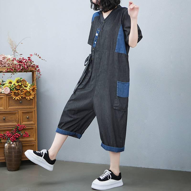 

Summer 2026 Plus Size Color Block Tencel Denim Jumpsuit for Women 95~155kg suitable чорний