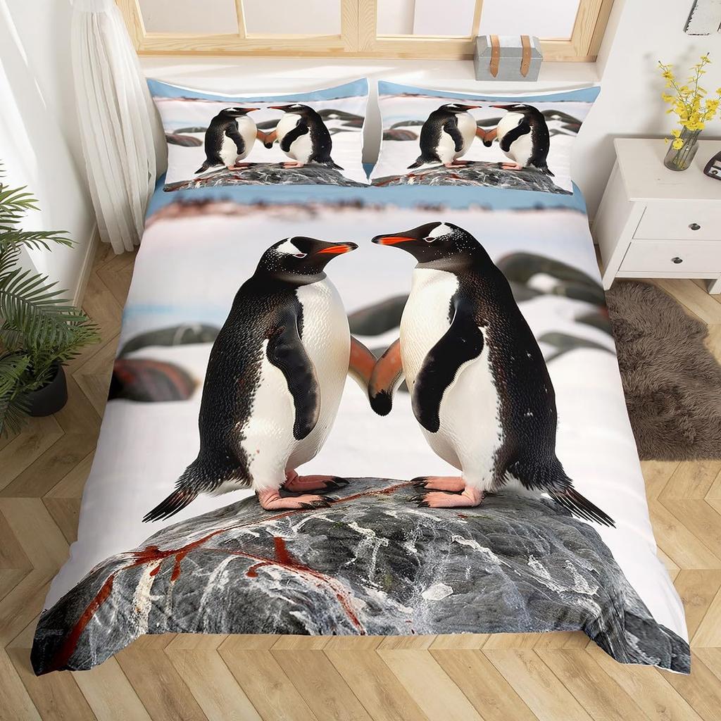 Cute Penguin Comforter Cover King Full Cartoon Animal Duvet Cover Watercolor Painting Bedding Set Antarctic Wildlife Quilt Cover