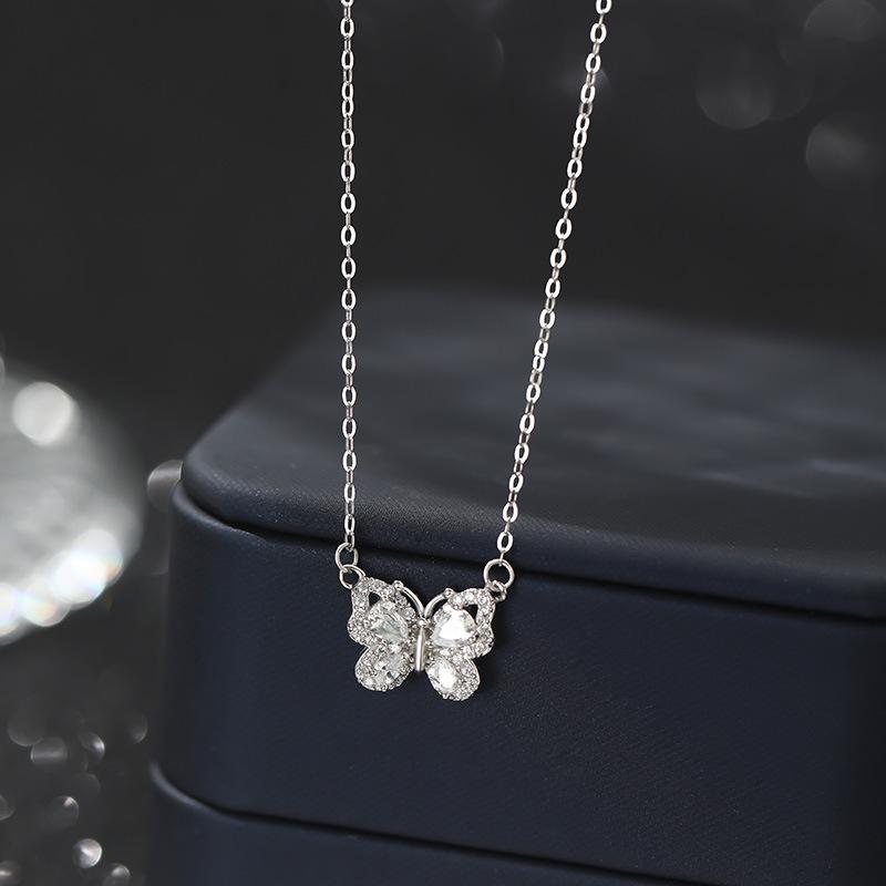 S999 Sterling Silver Butterfly Necklace Women Cubic Zirconia Fine Jewelry Necklaces Anti Tarnish Romantic Gift