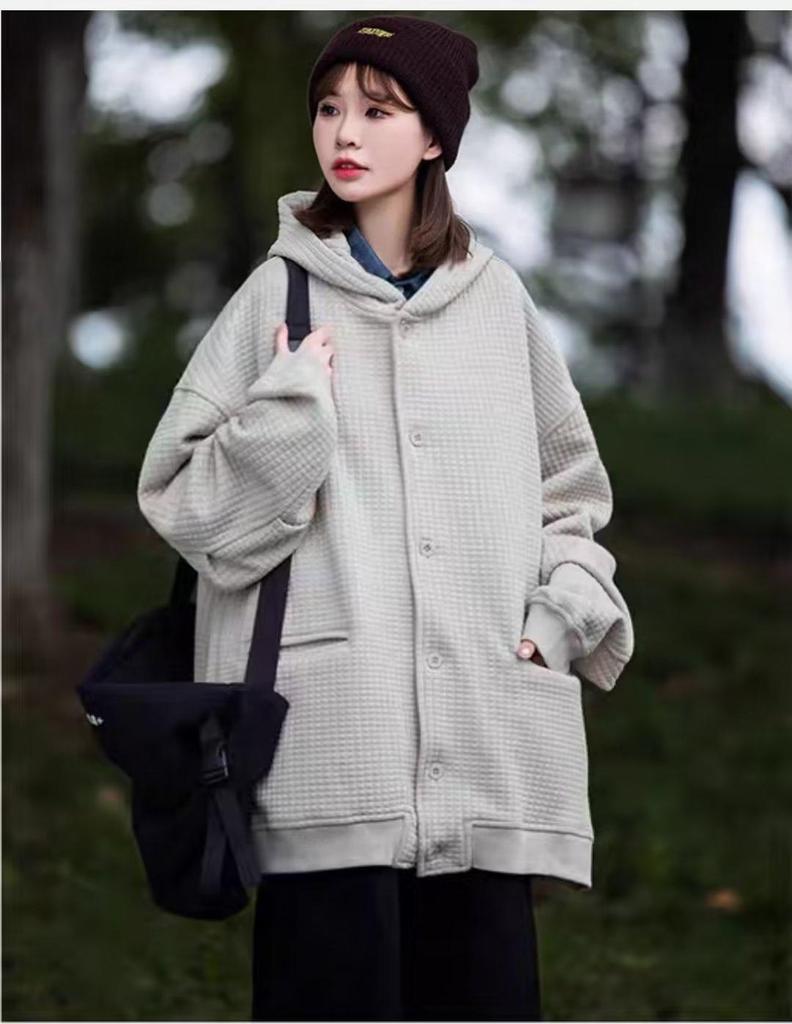 Unisex Japanese Retro Waffle Knit Hooded Cardigan - Loose Fit Solid Color Autumn/Winter Casual Jacket