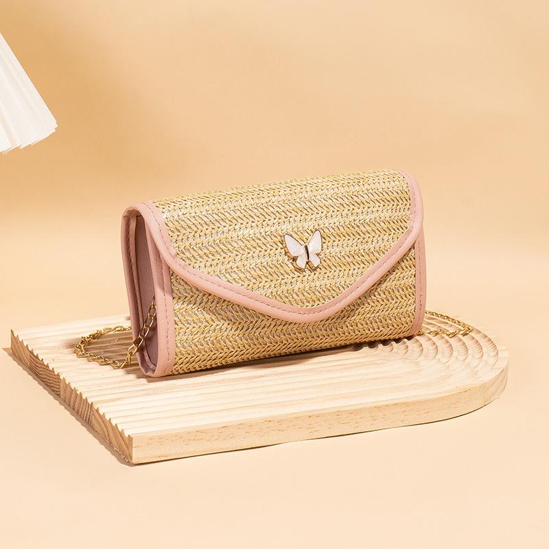 Straw Small Bag New Fashionable Women's Small Bag One Shoulder Crossbody Chain Bag Butterfly Woven Small Square Bag