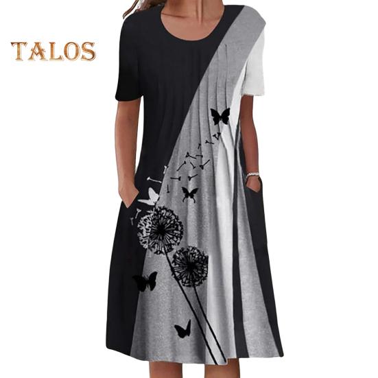 

Женское повседневное платье-футболка, летнее платье-трапеция с коротким рукавом, плиссированное платье миди с цветочным принтом, круглым вырезом и карманом XXXL чёрный