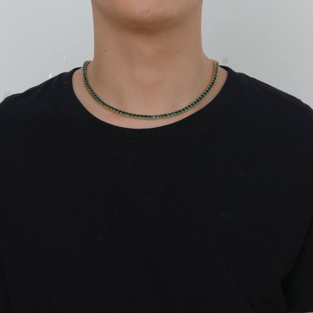 4mm Copper Necklace, European and American Hip-hop Green Zircon Fashion Personalized Tennis Chain, Men's and Women's Full Zirconium Necklace