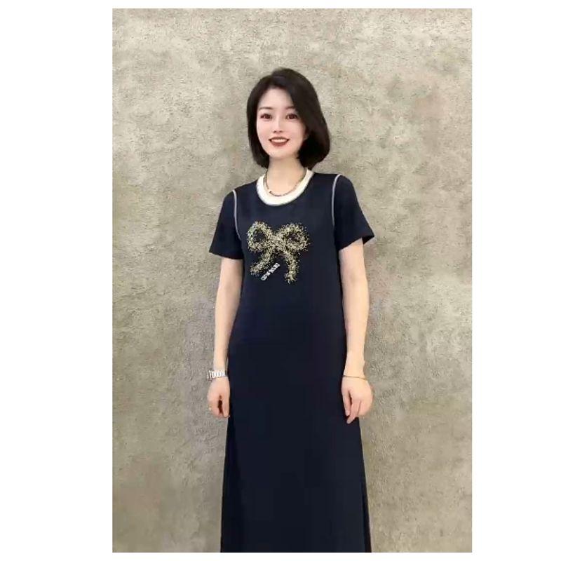 

Feel Casual at Any Time over the Knee Long dress! Women Air Cotton Water Soluble Color Beads Bow round Neck Pocket Dress Dark Blue 4XL