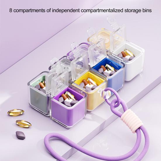Cube Pill Box with Lanyard Portable 8-Cell Medicine Box Sealed Pill Dispenser Cube 7