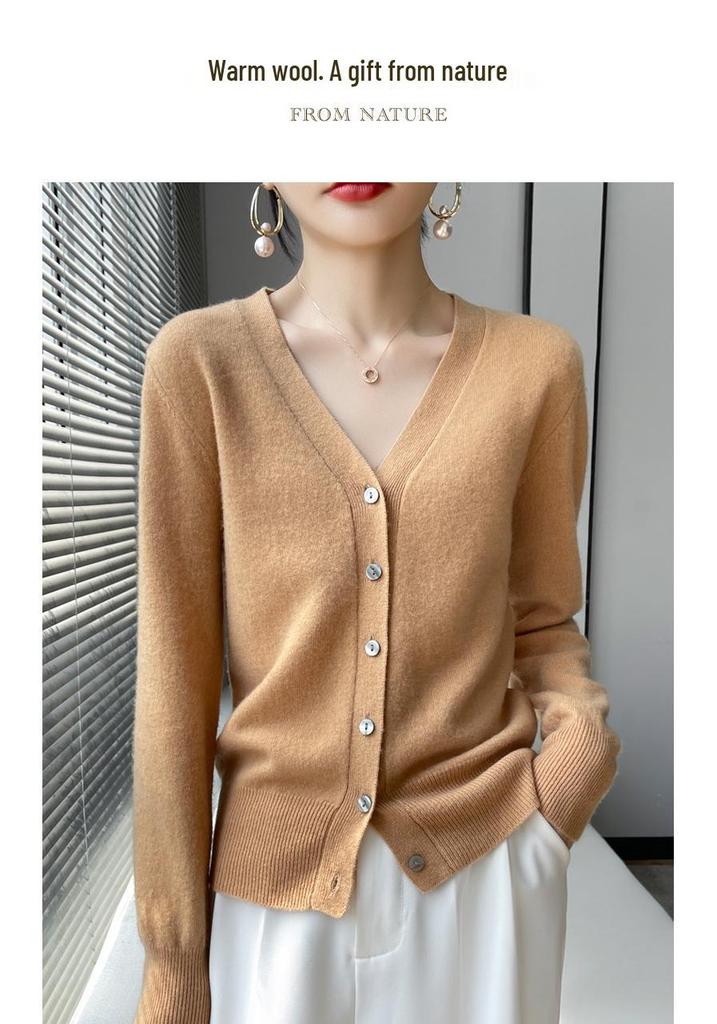 Elegant Merino Wool V-Neck Cardigan - Women's Lightweight Autumn Sweater