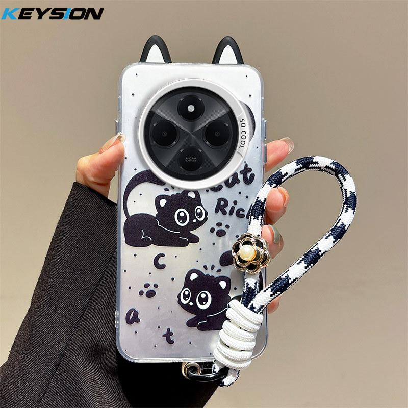 KEYSION Cute Ear Cartoon Case for Redmi 14C with Lanyard Soft Silicone+PC Shockproof Phone Back Cover for Xiaomi POCO C75