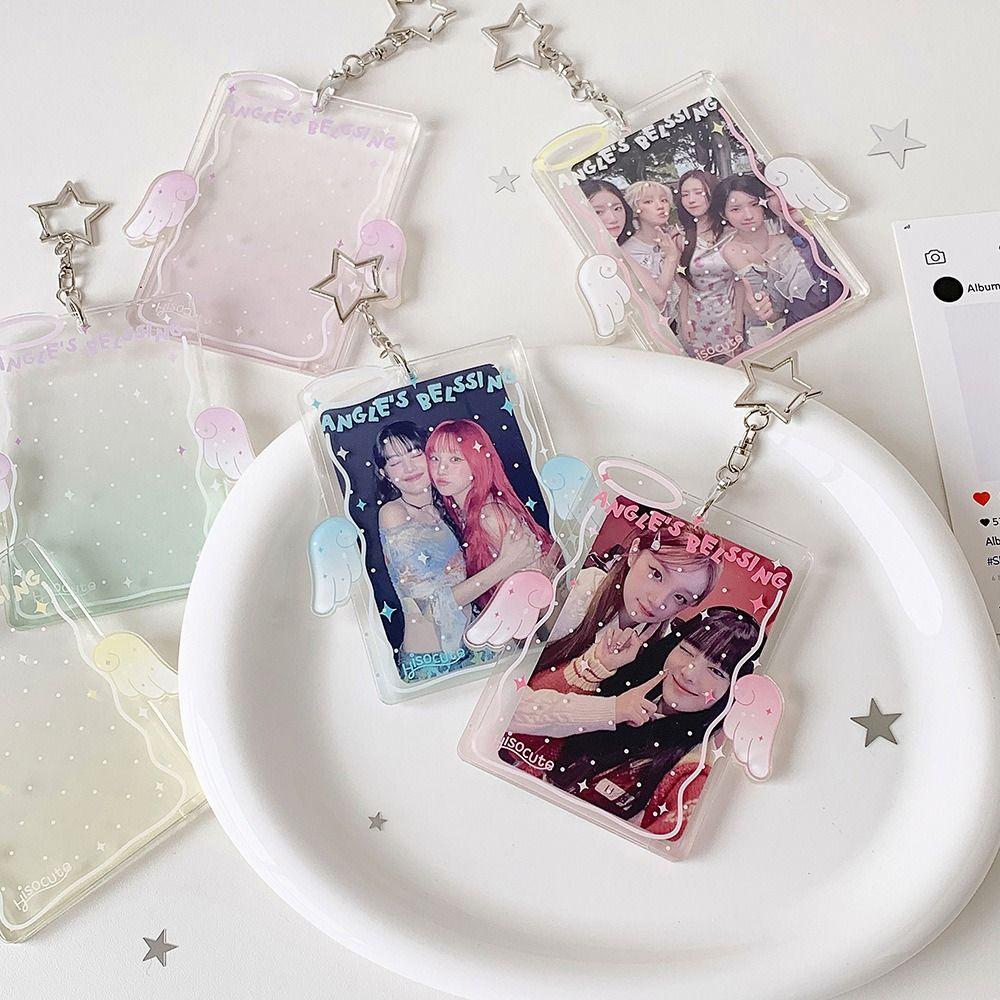 New Acrylic Kpop Card Holder 3 Inch Keychain Idols Photocard Holder Angel Wing Protective Badge ID Holder Bag Pendant