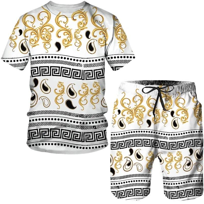 Luxury Golden Flower 3D Print Men Women Tees/Suits Vintage Baroque Pattern T-Shirts&Shorts Set Fashion Couple Streetwear Clothes