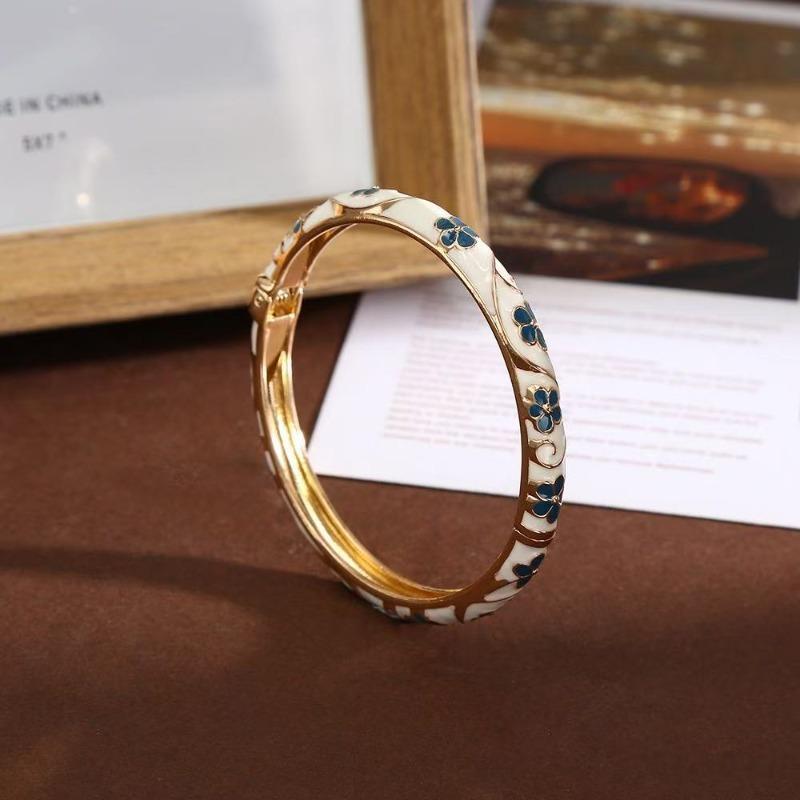 Colorful Enamel Floral Bangle Bracelet Retro Gold-Tone Open Cuff, Elegant Dainty Jewelry For Women Gifts