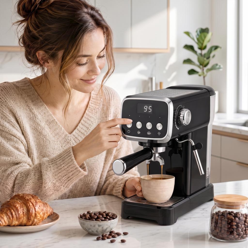 Espresso Machine, 20-Bar Cappuccino Coffee Maker with Frother Wand, 1.2 L Water Tank, Black