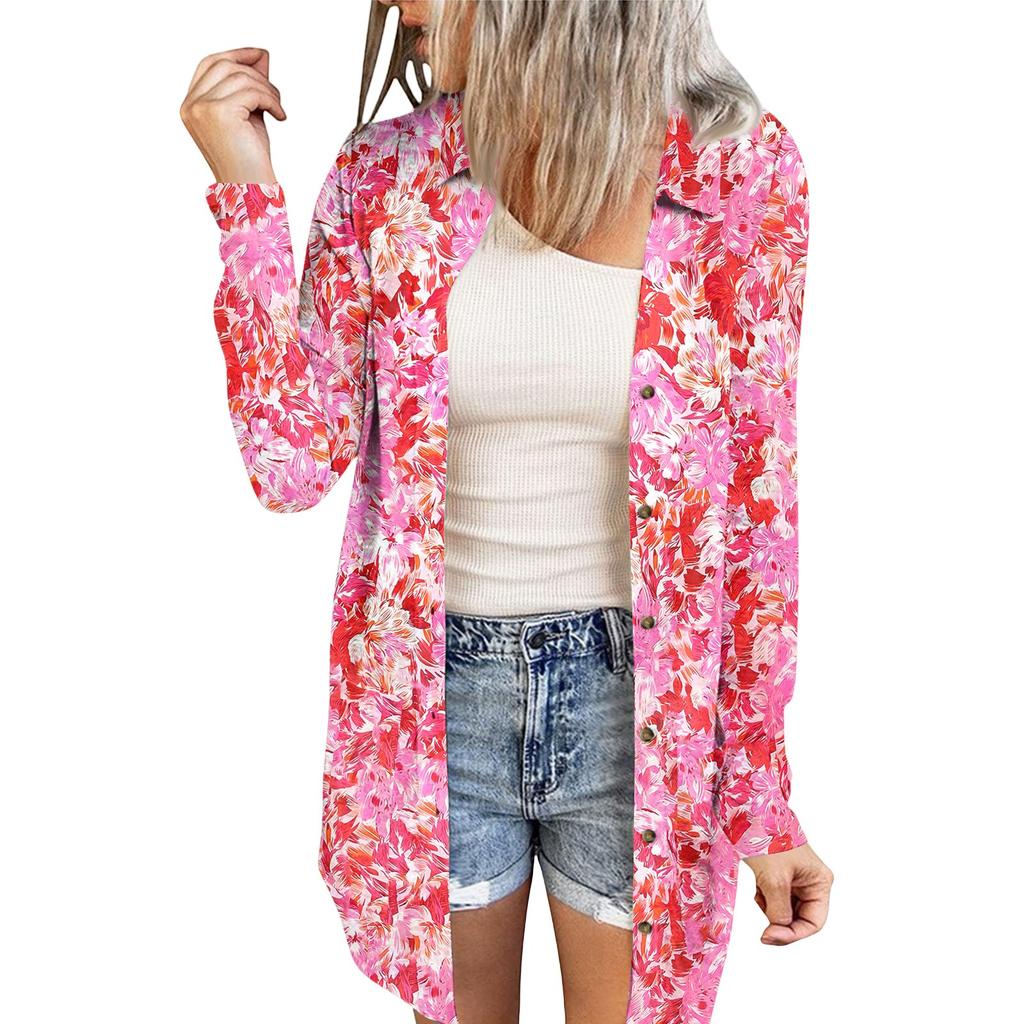 Women's Casual Fashion Printed Long-sleeved Mid-length Cardigan Jacket