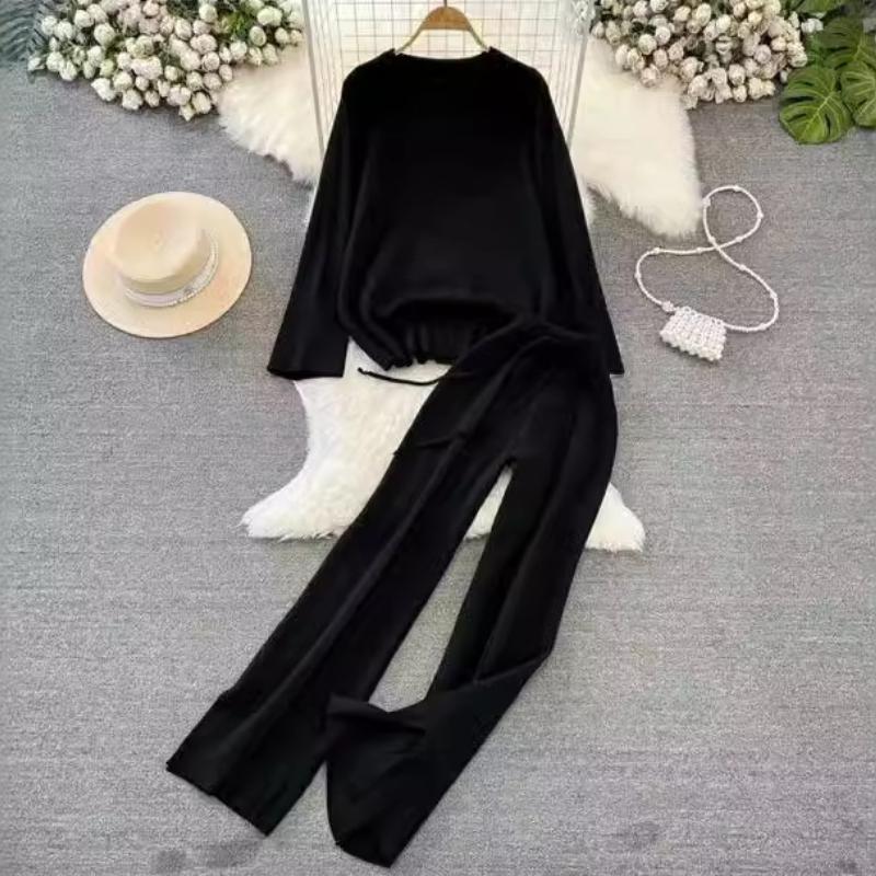 

Fashionable Women s Spring and Autumn Long-sleeved, Round-neck, Loose Knitted Sweater, Two-piece Set, High-waisted, Straight-leg Wide-leg Pants One Size чорний