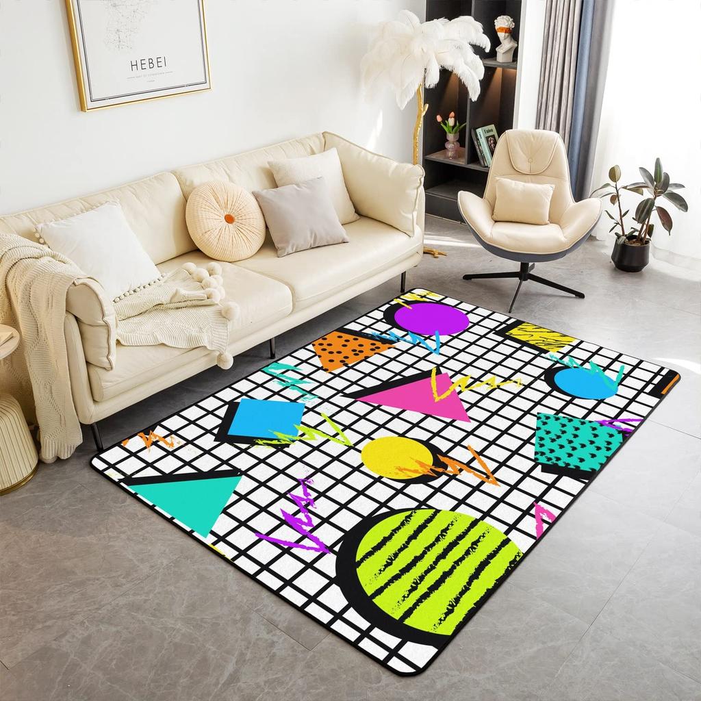 Memphis Area Rug, Hipster Retro Doormat, 80s 90s Hip Hop Funky Colorful Pop Art Inspired Carpet for Playroom Geometric Floor Mat