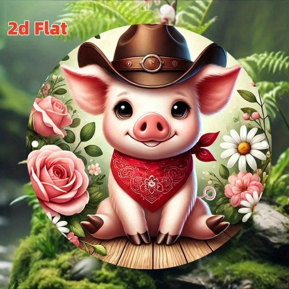 Vintage Cowboy Pig Metal Wall Art Round Rustic Decor 20x20