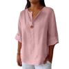 T-shirt da donna estiva nuova, larga, in cotone e lino, con scollo a V, bottoni, casual