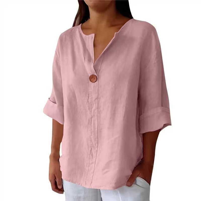 T-shirt da donna estiva nuova, larga, in cotone e lino, con scollo a V, bottoni, casual