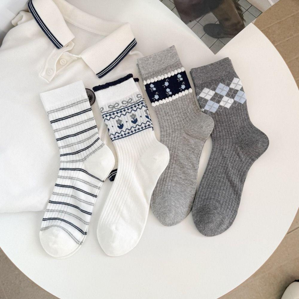 Korean Style Cotton Socks Grey Checkered Boneless Pile Socks New Mid-calf Socks  Spring Summer