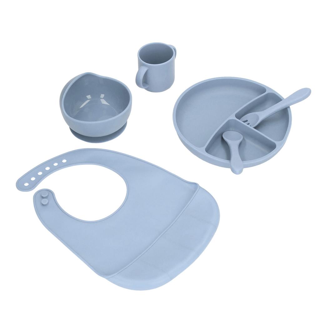Baby Feeding Set Silicone Suction Divided Plate and Bowl with Spoon Fork Cup Adjustable Bib Set