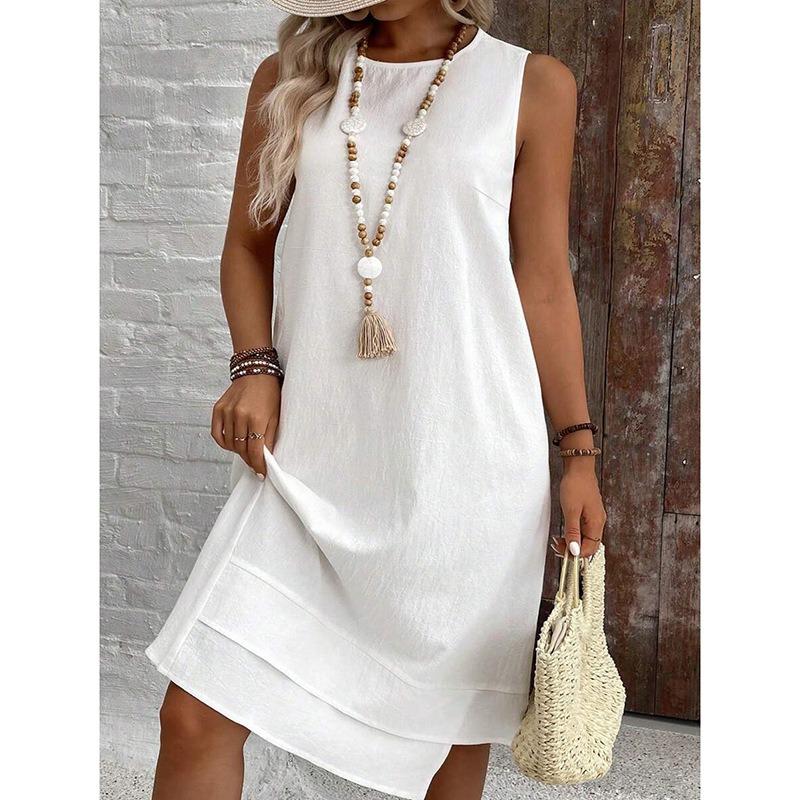 JKASHDK Women's Fashion Summer Spring Solid Color Print Sleeveless V-Neck Loose Waistline Casual Dresses