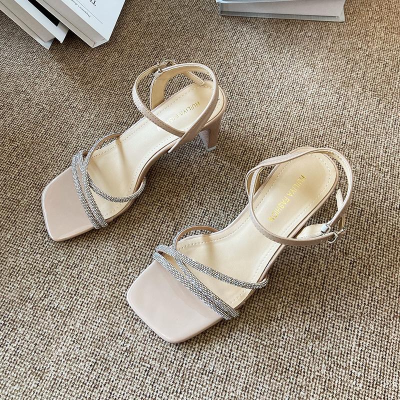 X282-2 Sexy One-word Buckle with Hollow Women's Sandals 2025 New Summer Rhinestone Fairy Temperament Thick Heels