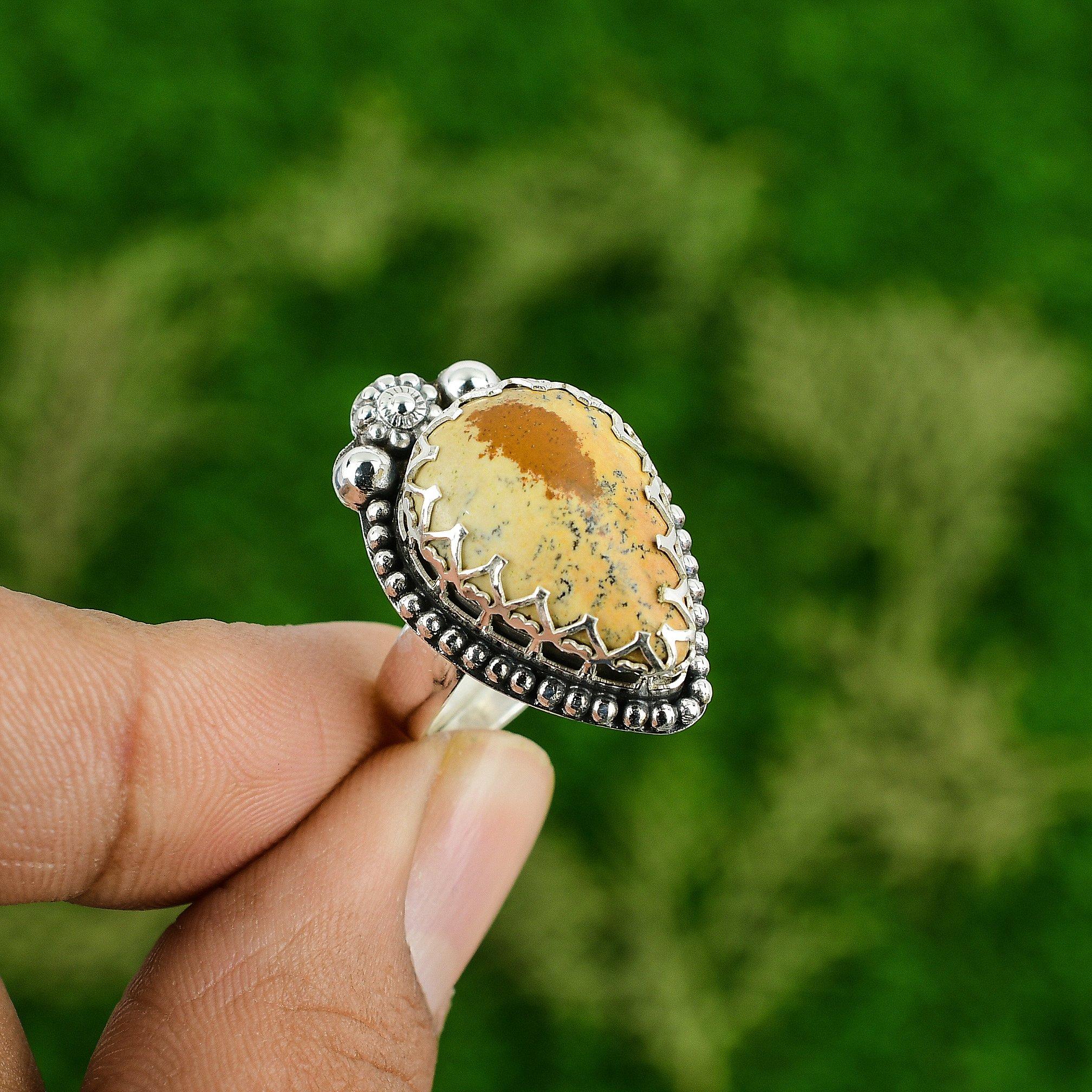 

Натуральный Камень Яшма Пикассо Штабелируемое Желтое Регулируемое Кольцо из Серебра 925 пробы Adjustable