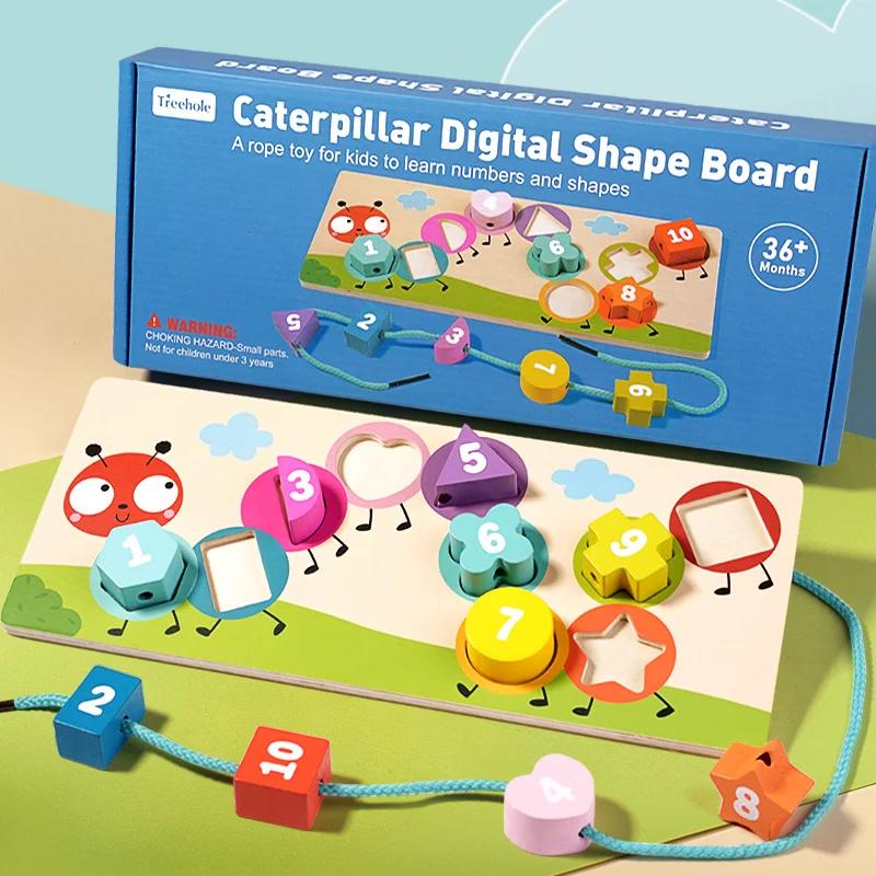 Wooden Montessori Educational Toys for Children Color Numbers Shape Learning Game Wooden Caterpillar Block Threading Board Game